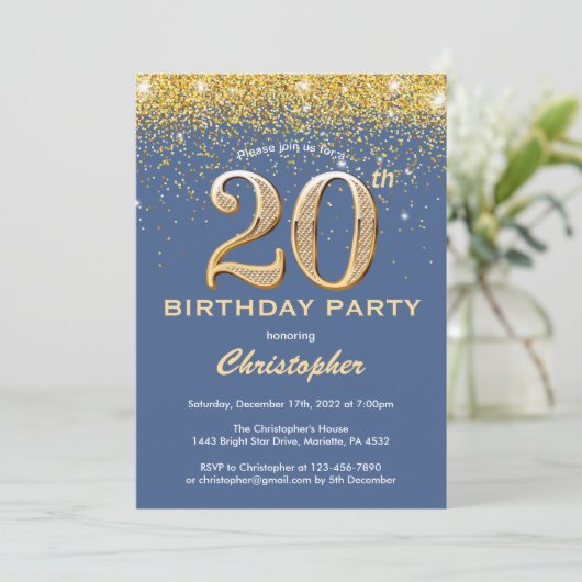 Invitation 20e anniversaire Parties scintillant bleue et or C (Debout devant)