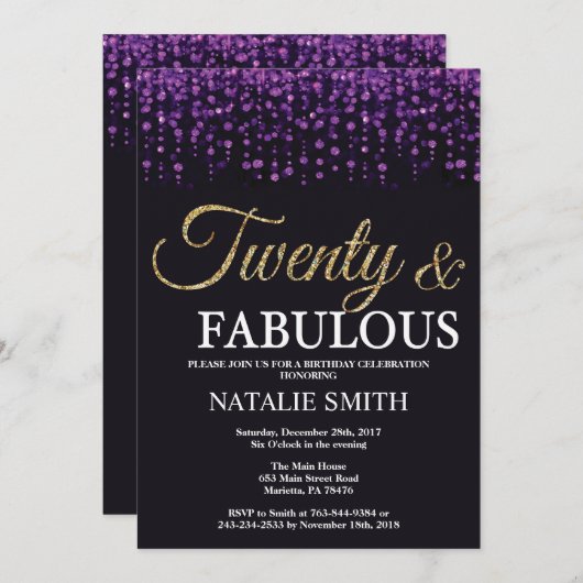 Invitation 20e anniversaire Parties scintillant violet et or (Devant / Derrière)