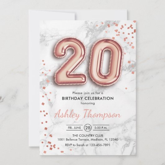 Invitation 20e anniversaire - Rose Gold Balloons effet marbre (Devant)