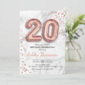 Invitation 20e anniversaire - Rose Gold Balloons effet marbre (Debout devant)