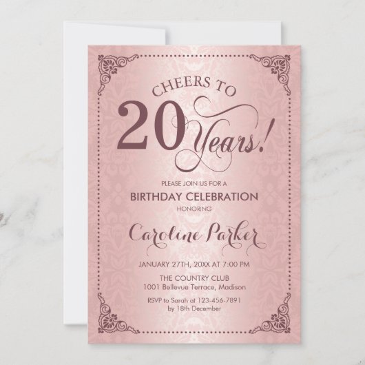 Invitation 20e anniversaire - Rose Gold Damask (Devant)