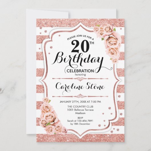 Invitation 20e anniversaire - Rose Gold White Stripes (Devant)