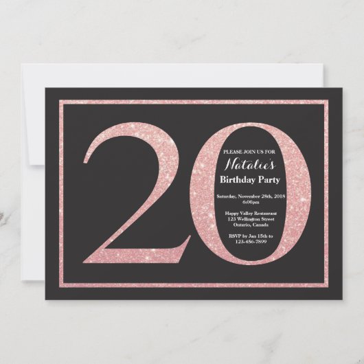 Invitation 20e anniversaire Rose Pink Gold Parties scintillan (Devant)