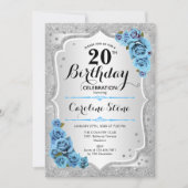 Invitation 20e anniversaire - Silver Stripes Icy Blue Roses (Devant)