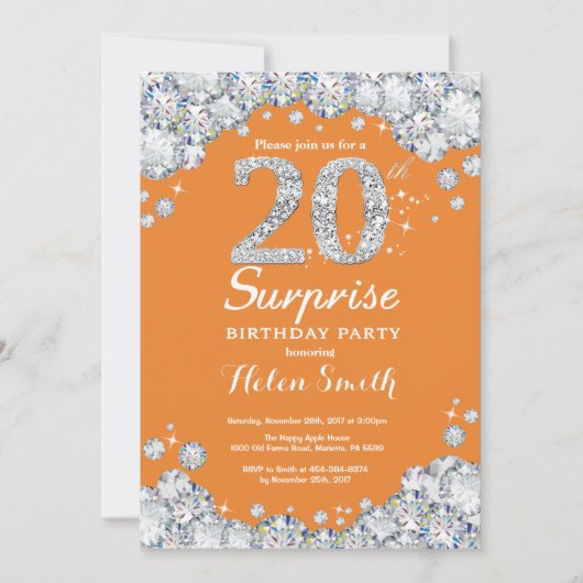 Invitation 20e anniversaire surprise Orange et Silver Diamond (Devant)