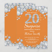 Invitation 20e anniversaire surprise Orange et Silver Diamond (Devant / Derrière)