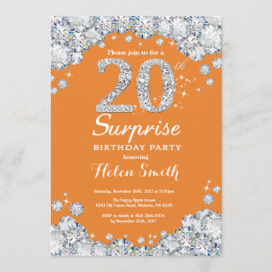 Invitation 20e anniversaire surprise Orange et Silver Diamond