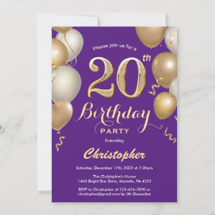 Invitation 20e anniversaire violet et ballons d'or Confetti