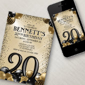 Invitation 20e Ballons Black Gold Anniversaire