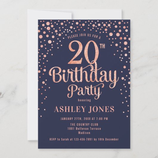 Invitation 20e fête d'anniversaire - Marine & Rose Gold (Devant)