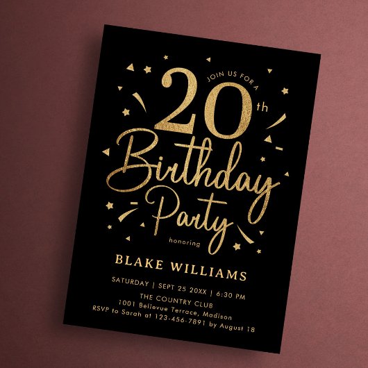 Invitation 20th Birthday Black Gold