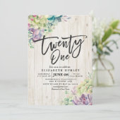 Invitation 21 Anniversaire de fête Bois rustique Succulent (Debout devant)