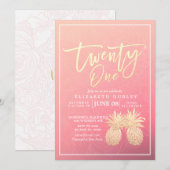 Invitation 21 Anniversaire de fête Chic rose or ananas Couple (Devant / Derrière)