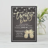 Invitation 21 Anniversaire Fête Chic Noir Or Ananas Couple (Debout devant)
