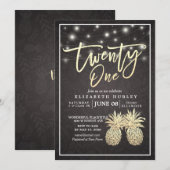 Invitation 21 Anniversaire Fête Chic Noir Or Ananas Couple (Devant / Derrière)