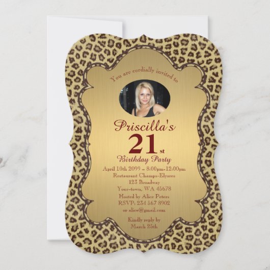 Invitation 21, Anniversaire Fête Femme 21, Cheetah, photo (Devant)