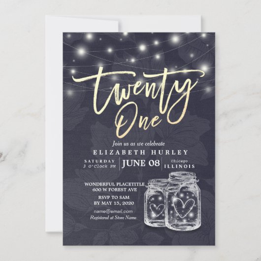 Invitation 21 Anniversaire Fête Moderne Mason Jars Éclairages (Devant)