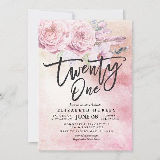 Invitation 21 Anniversaire Fleur Boho Fleurs Plumes (Devant)