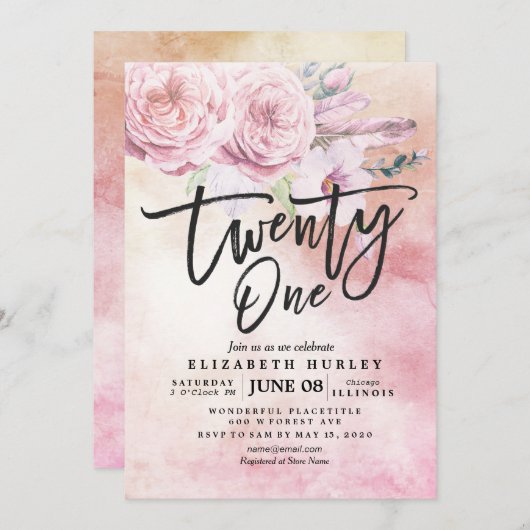 Invitation 21 Anniversaire Fleur Boho Fleurs Plumes (Devant / Derrière)