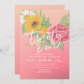 Invitation 21 Anniversaire Fleurs roses modernes Parties scin (Devant / Derrière)