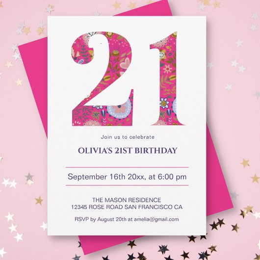 Invitation 21 Anniversaire Moderne Gras Motif Rose