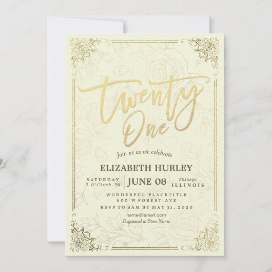 Invitation 21 Anniversaire Soirée Élégante Script Gold Floral (Devant)