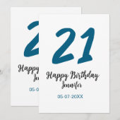 Invitation 21 ans audacieux lettre bleue simple minimum (Devant / Derrière)
