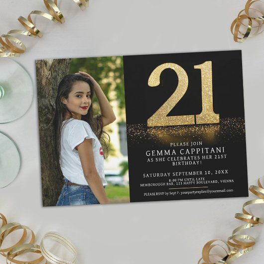 Invitation 21 parties scintillant d'or 21ème anniversaire pho