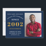 Invitation 21e anniversaire 2002 Nom Photo Blue Gold<br><div class="desc">Pour ceux qui fêtent leur anniversaire, nous avons l'invitation idéale de fête d'anniversaire avec l'occasion d'ajouter une photo. L'arrière - plan bleu avec un design de typographie blanc et or est simple et élégant. Customisez facilement le texte de ce cadeau d'anniversaire en utilisant le modèle fourni. Recherche en magasin pour...</div>