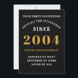 Invitation 21e anniversaire 2004 Black Gold Personnalisé Pour<br><div class="desc">Pour ceux qui sont nés en 2004 et fêtent leur 21ème anniversaire, nous avons la carte d'invitation idéale. L'arrière - plan noire au design blanc et or est simple et élégante. Customisez facilement le texte à l'avant et à l'arrière de cette carte d'invitation d'anniversaire en utilisant le modèle fourni. Une...</div>