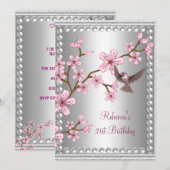 Invitation 21e anniversaire Argent asiatique rose perle Flowe (Devant / Derrière)