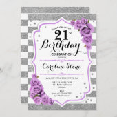 Invitation 21e anniversaire - Argent Blanc Stripes Violet Ros (Devant / Derrière)