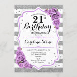 Invitation 21e anniversaire - Argent Blanc Stripes Violet Ros<br><div class="desc">Invitation du 21e anniversaire. Elégant design blanc et violet argenté avec fausse parties scintillant. Bandes d'argent et de blanc avec roses roses roses. Parfait pour une soirée de vingt et unième anniversaire élégante.</div>