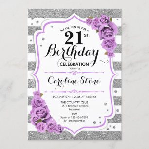 Invitation 21e anniversaire - Argent Blanc Stripes Violet Ros