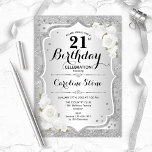 Invitation 21e anniversaire - Argent rayures Roses blanches<br><div class="desc">Invitation du 21e anniversaire. Design floral élégant en argent et blanc. Comprend des bandes d'argent faux parties scintillant,  des roses blanches police de script et confetti. Parfait pour une fête d'anniversaire glam.</div>