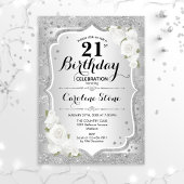 Invitation 21e anniversaire - Argent rayures Roses blanches