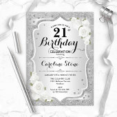 Invitation 21e anniversaire - Argent rayures Roses blanches