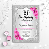 Invitation 21e anniversaire - Argent rayures roses roses rose