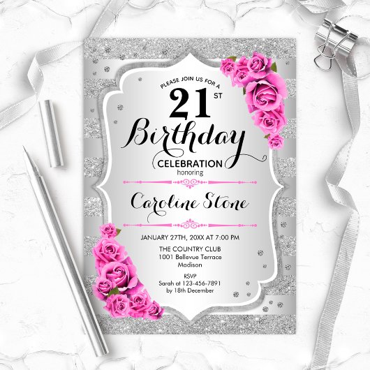 Invitation 21e anniversaire - Argent rayures roses roses rose