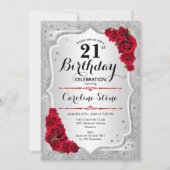 Invitation 21e anniversaire - Argent rayures Roses rouges (Devant)