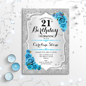 Invitation 21e anniversaire - Argent Stripes Icy Blue Roses