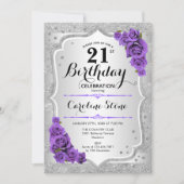 Invitation 21e anniversaire - Argent Stripes Roses violets (Devant)