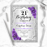 Invitation 21e anniversaire - Argent Stripes Roses violets<br><div class="desc">Invitation du 21e anniversaire. Design floral élégant en argent et violet. Comprend des bandes d'argent faux parties scintillant,  des polices de caractères et des confettis de style rose violet. Parfait pour une fête d'anniversaire glam.</div>