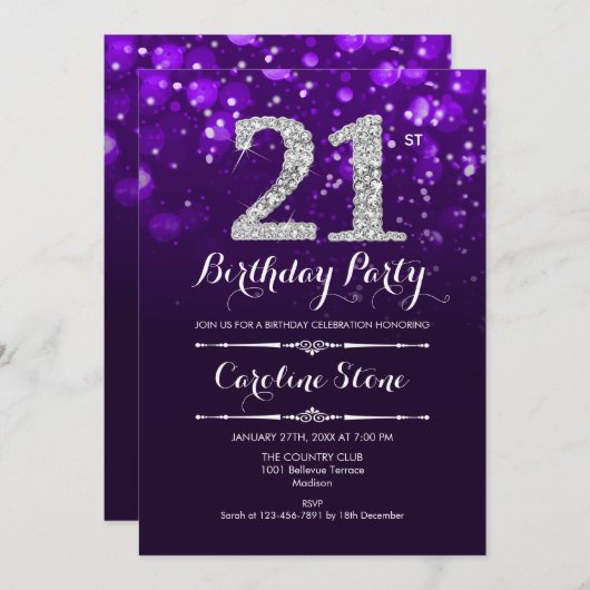 Invitation 21e anniversaire - Argent violet (Devant / Derrière)