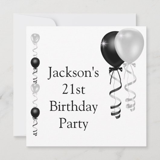 Invitation 21e anniversaire Ballons blancs d'argent noir (Devant)
