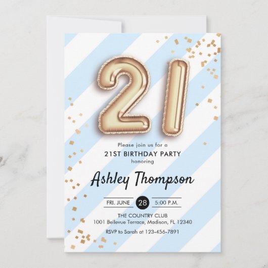 Invitation 21e anniversaire - Ballons Bleus Bleus Bleus Or (Devant)