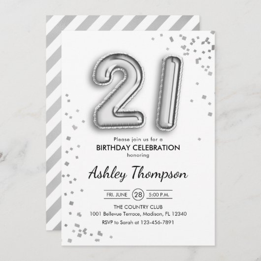 Invitation 21e anniversaire - Ballons d'argent (Devant / Derrière)
