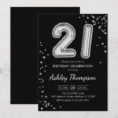 Invitation 21e anniversaire - Ballons d'argent noir (Devant / Derrière)