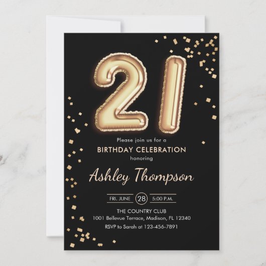 Invitation 21e anniversaire - Ballons d'or noir (Devant)