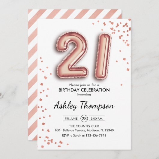Invitation 21e anniversaire - Ballons d'or Roses (Devant / Derrière)